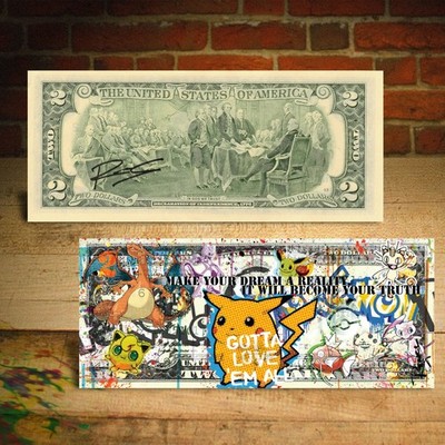 POKEMON Gotta Love 'Em All Authentic $2 US Bill Pikachu PopArt HAND-SIGNED Rency