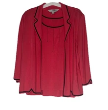 Ming Wang Deep Coral Pink & Black Trim 2pc Set Tank Top & Cardigan Blazer Sz L