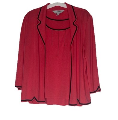 Ming Wang Deep Coral Pink & Black Trim 2pc Set Tank Top & Cardigan Blazer Sz L