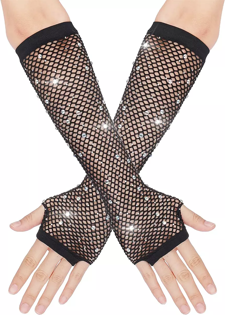 Black Long Rhinestone Fingerless Fishnet Gloves Steampunk Punk Fish Net Arm  Slee