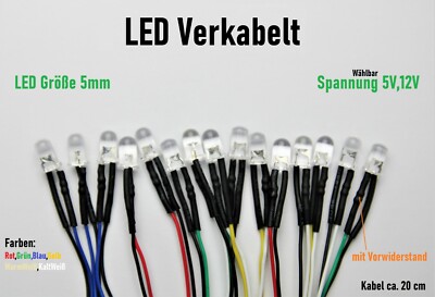 LED Verkabelt 5mm  5V 12V DC Klar mit Widerstand fertig verkabelt LEDs Wired 