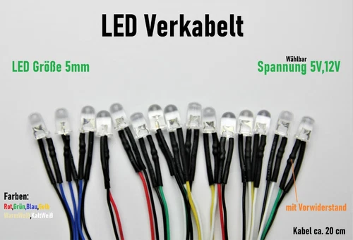 LED Verkabelt 5mm  5V 12V DC Klar mit Widerstand fertig verkabelt LEDs Wired 