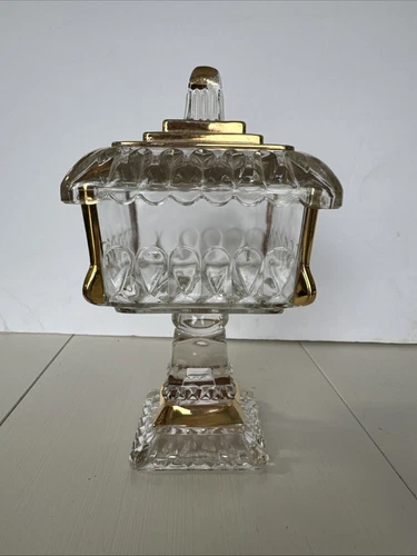 Vintage Jeanette Glass Covered Pedestal Wedding Box Candy Dish Compote Gold Trim