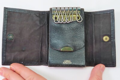Vintage Black Leather 12-Slot Key Caddy Case Hanna Tri-Fold Cameo Cowhide