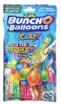 New Zuru Crazy Bunch O Balloons 100 Rapid-Filling Self-Sealing Water Balloons 
