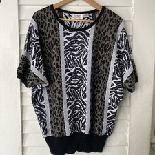 C.S.T. STUDIO Vintage Sweater Sz 1X Batwing Pullover CapSlv Animal Print 80s EUC