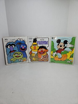 Vintage Playschool Wood Puzzle Lot Of 3 Mickey Mouse Bert & Ernie Oscar 1976
