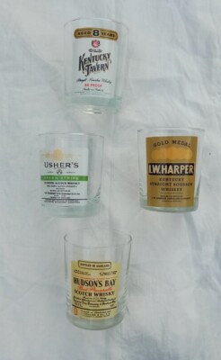 Bourbon Glasses (4) Usher's, Hudson's Bay, I.W. Harper, Kentucky Tavern VTG