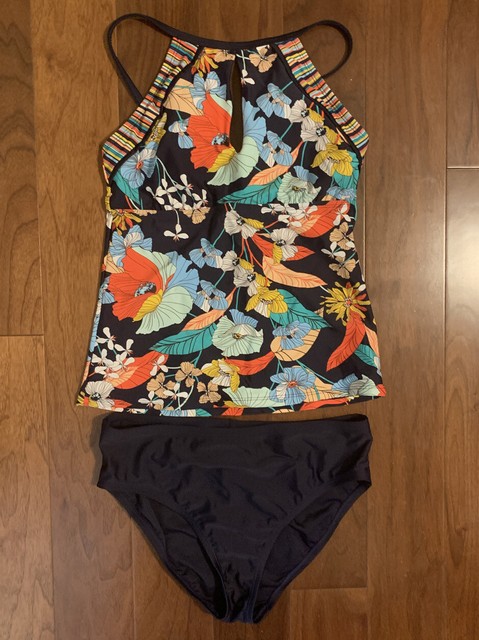 Ellen Tracy Key Hole High Neck 2 Piece Tankini Swimsuit 14 Multi Blue for sale online | eBay