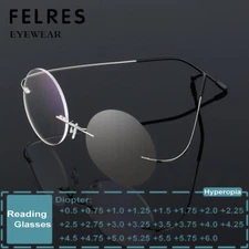 Men Women Metal Round Photochromic Reading Glasses Rimless Outdoor Sunglasses