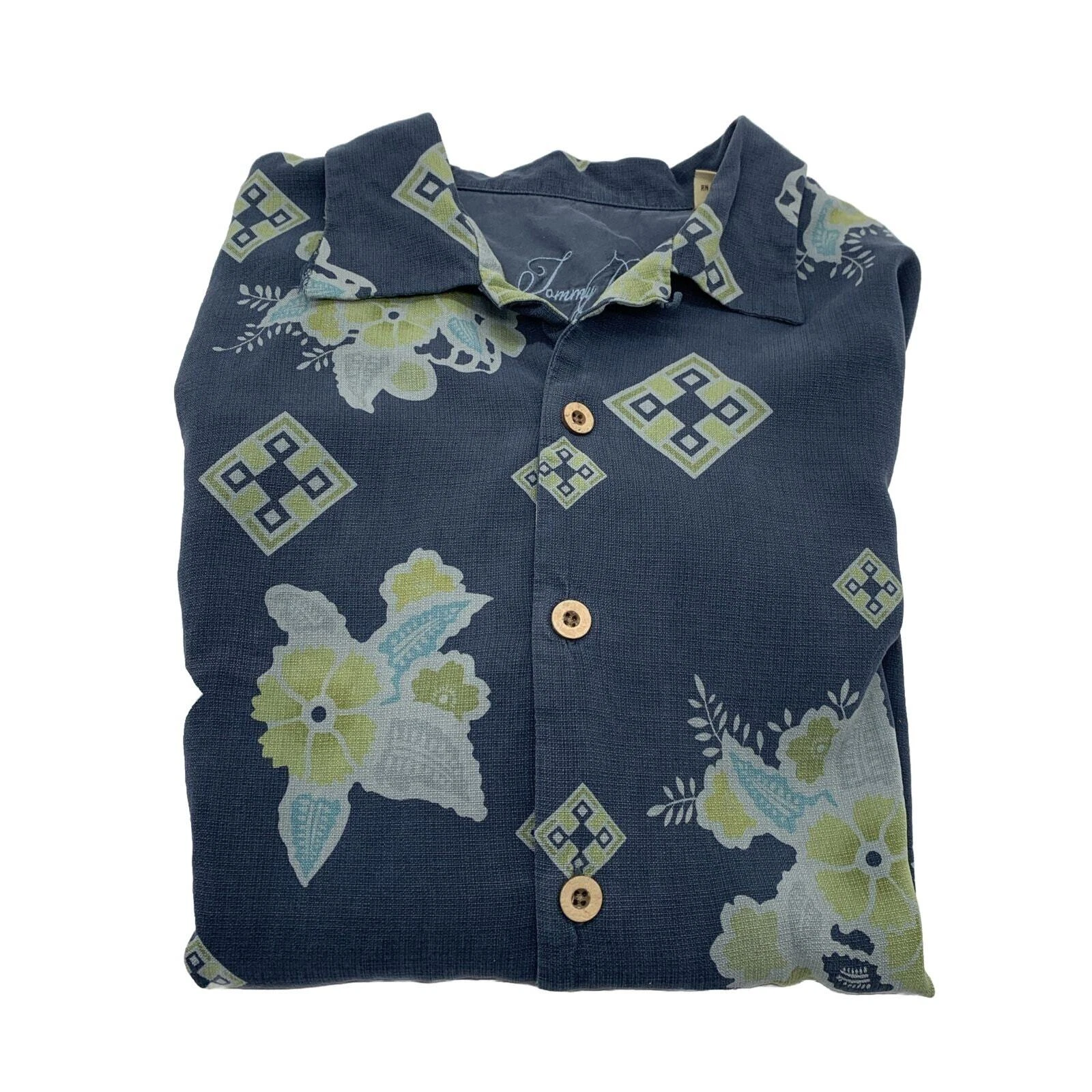 Tommy Bahama 100% Silk Hawaiian Camp Shirt Men’s L Blue Hibiscus Design Read