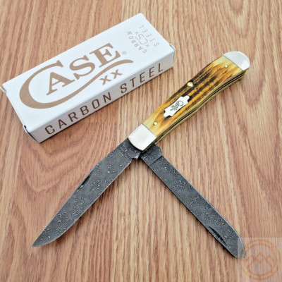 Case XX Trapper Pocket Knife Damascus Steel Blades Burnt Goldenrod 2nd Cut Bone