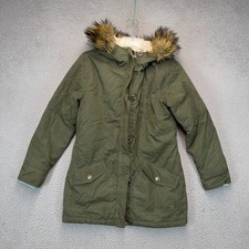 Abercrombie Kids Parka Jacket Girls 15/16 Green Sherpa Lined Faux Fur Hood Trim
