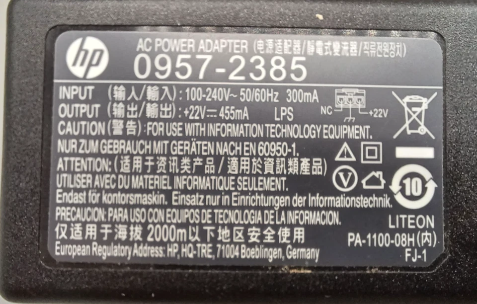 Adaptador de fuente de alimentación HP 0957-2385 para impresora Officejet 22V 455ma Foto 3 de 4