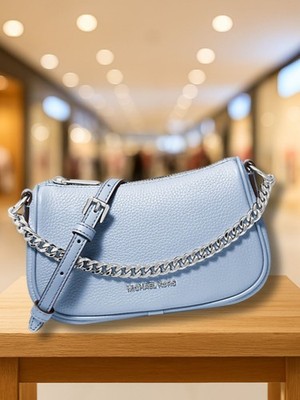 Michael Kors Carmela Small Leather Crossbody Pouch Bag Pale Ocean Blue Purse MK
