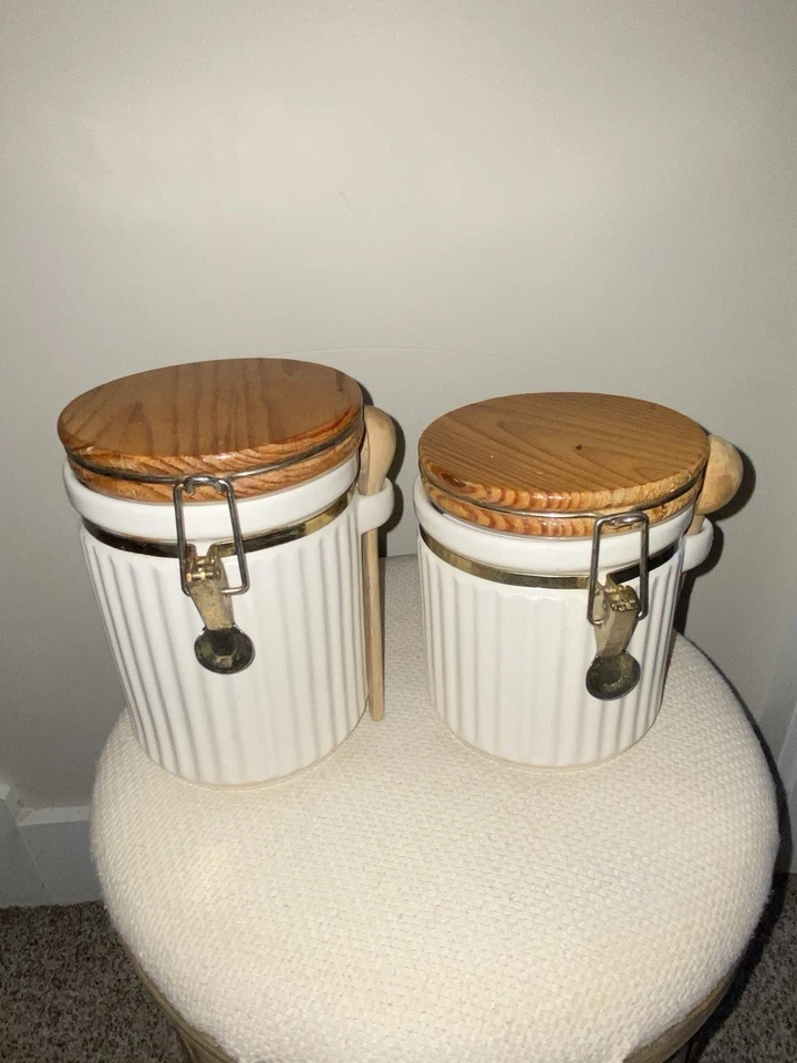 2 Cute Antique Jars For Your Kitchen With Wooden Spoons White+Gold Hardware - Image 2 of 4