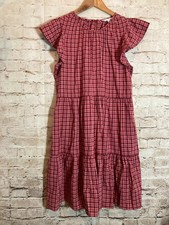 Time And Tru Dress Womens Medium Rich Red Plaid Flutter Sleeve Cottage Tiered
