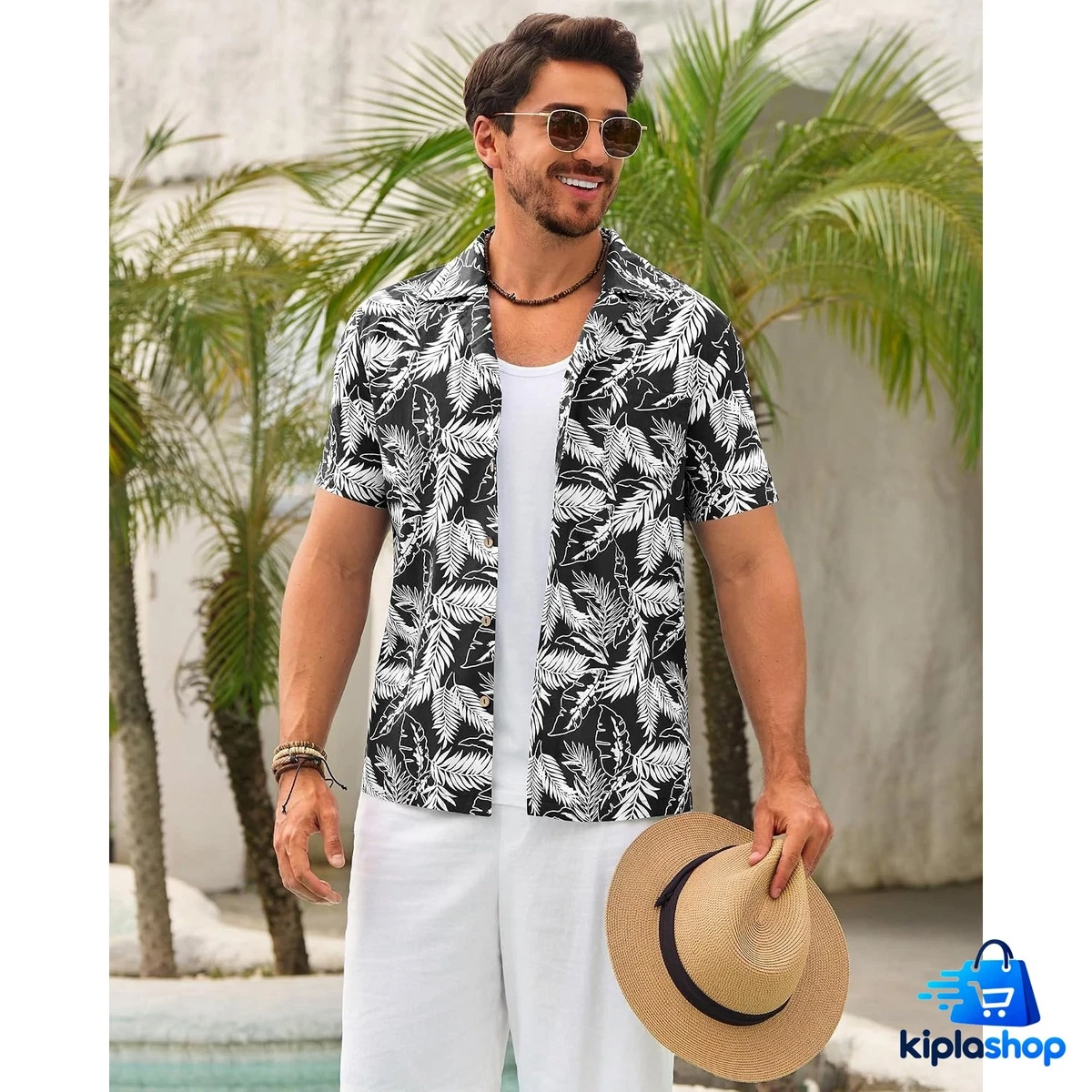 Camisa hawaiana para hombre, manga corta, algodón negro, estampado floral