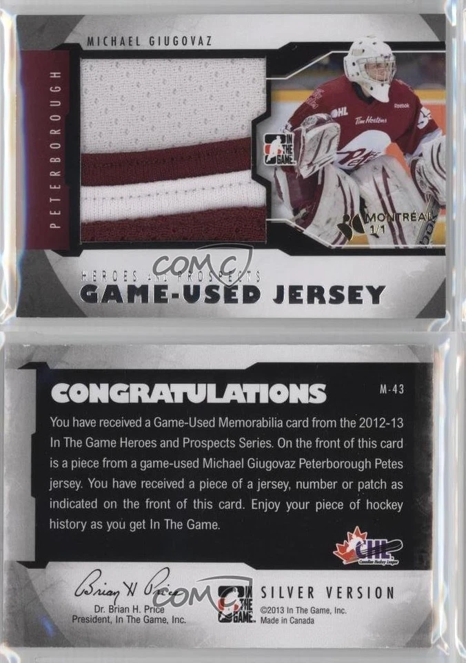 2012-13 ITG Heroes and Prospects Game-Used 1/1 Michael Giugovaz #M-43 2a8 - Image 3 of 3