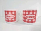 Vintage Federal Milk Glass Grandma & Grandpa Set Of 2 Mugs Red White Plaid Cup