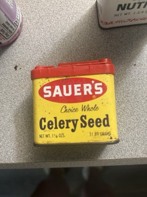 Sauers Choice Whole Celery Seed Yellow Background Metal Spice Tin