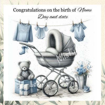 Personalisierte Grußkarte Baby Junge NEU BABY Fellbesatz Kinderwagen Teddybär Geschenke BLAU