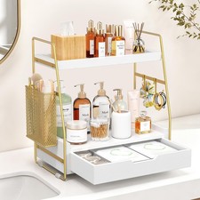 New Best 2-Tier Bathroom Counter Organizer with Drawer and Basket, Wood Vanity