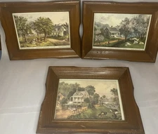 Currier and Ives American Homestead Lithograph  Set of 3 VTG  Solid Wood Frames