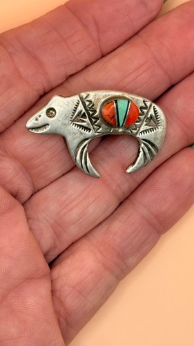 Vintage Southwestern Native American Turquoise and Coral Pin Brooch