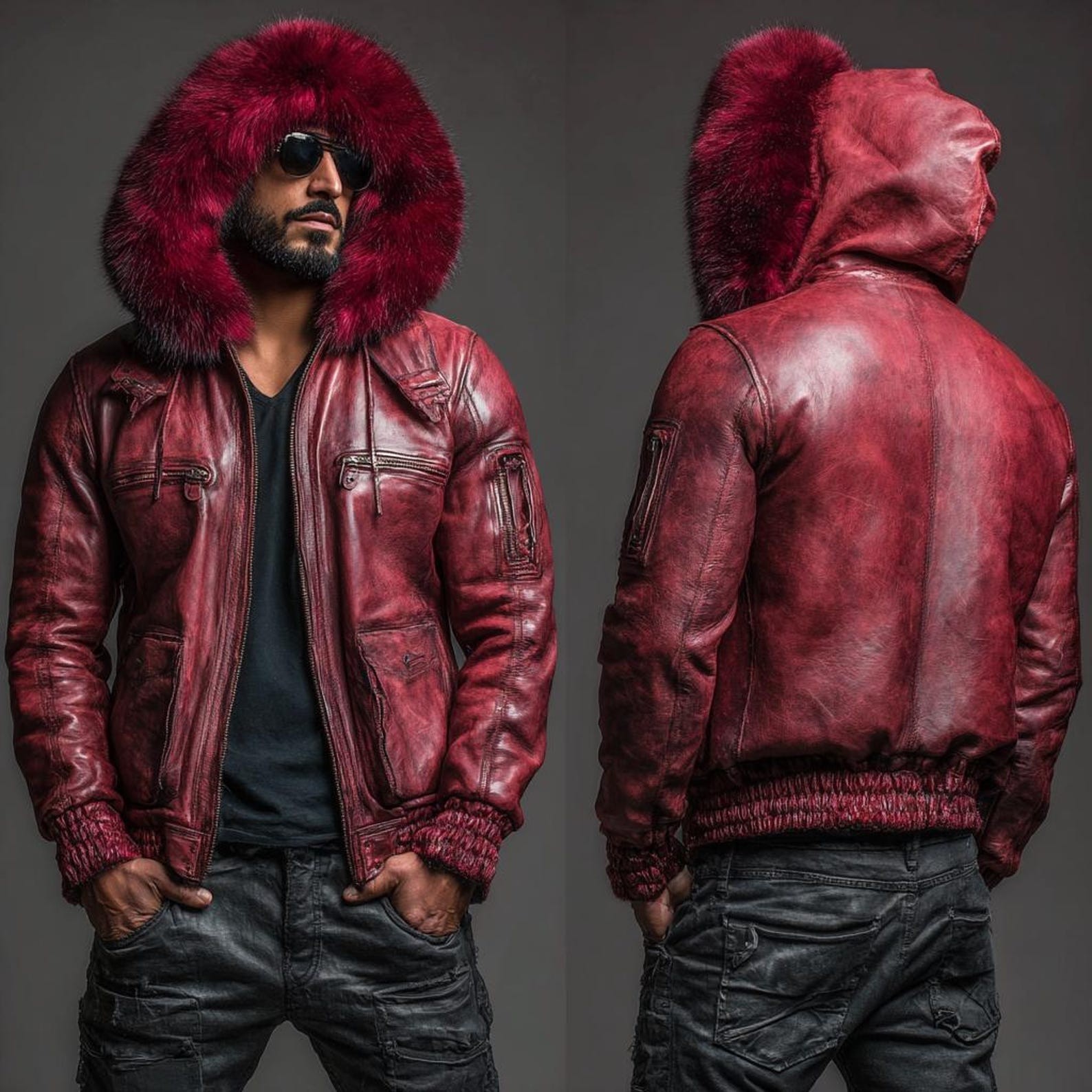 Burgundy Sheepskin Leather Bomber Jacket: Fur Hood, Custom Winter Coat