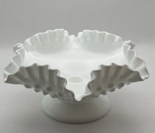 Vintage Fenton Hobnail White Milk Glass Candle Holder Ruffled Edge 8.25” W