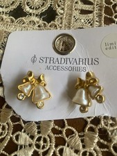 Cute Wedding or Christmas Bow Bells White Pearly Earrings Pierced Gold Plated