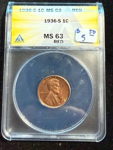 1936 S LINCOLN WHEAT CENT ANACS MS 63 RD 107