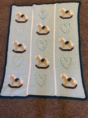 Baby Blanket Crochet Aqua. Rocking Horses And Heart Pattern  Handmade