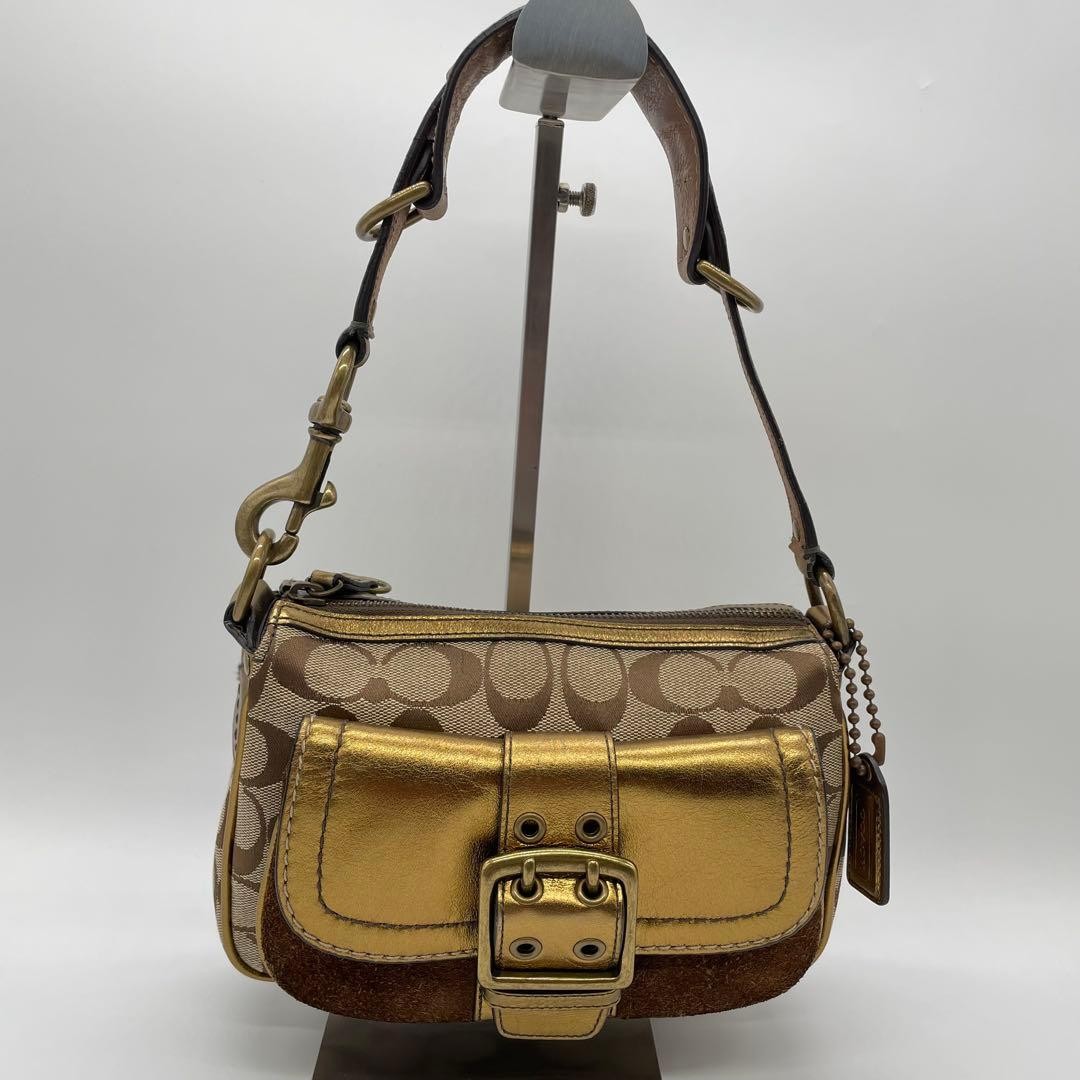 Coach 1495 Signature Shoulder Bag Gold Canvas Leather Unisex