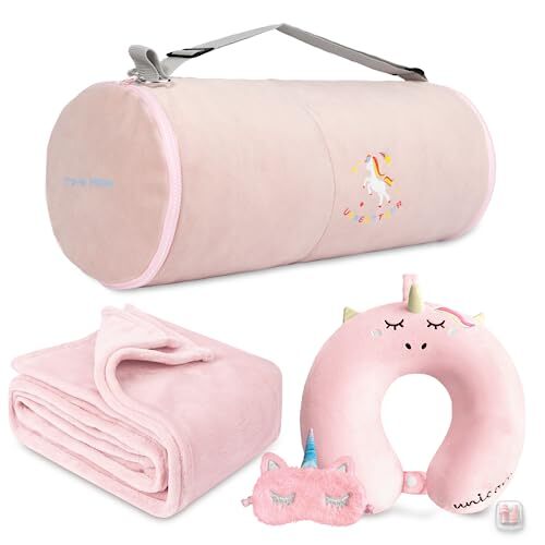 Manta y almohada de viaje para niños - Manta de avión rosa suave premium con ajuste... - Imagen 1 de 7
