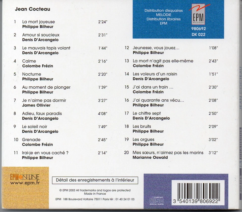 JEAN COCTEAU -Poetes & Chansons- 20 track CD Philippe Bilheur/Denis D'Arcangelo - Image 2 of 2