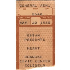 HEART & THE HEATS Concert Ticket Stub ROANOKE VA 5/20/80 BEBE LE STRANGE Rare