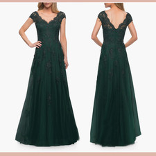 NEW 599 La Femme 4 Embellished Tulle Lace A-Line Gown Dark Emerald S1710