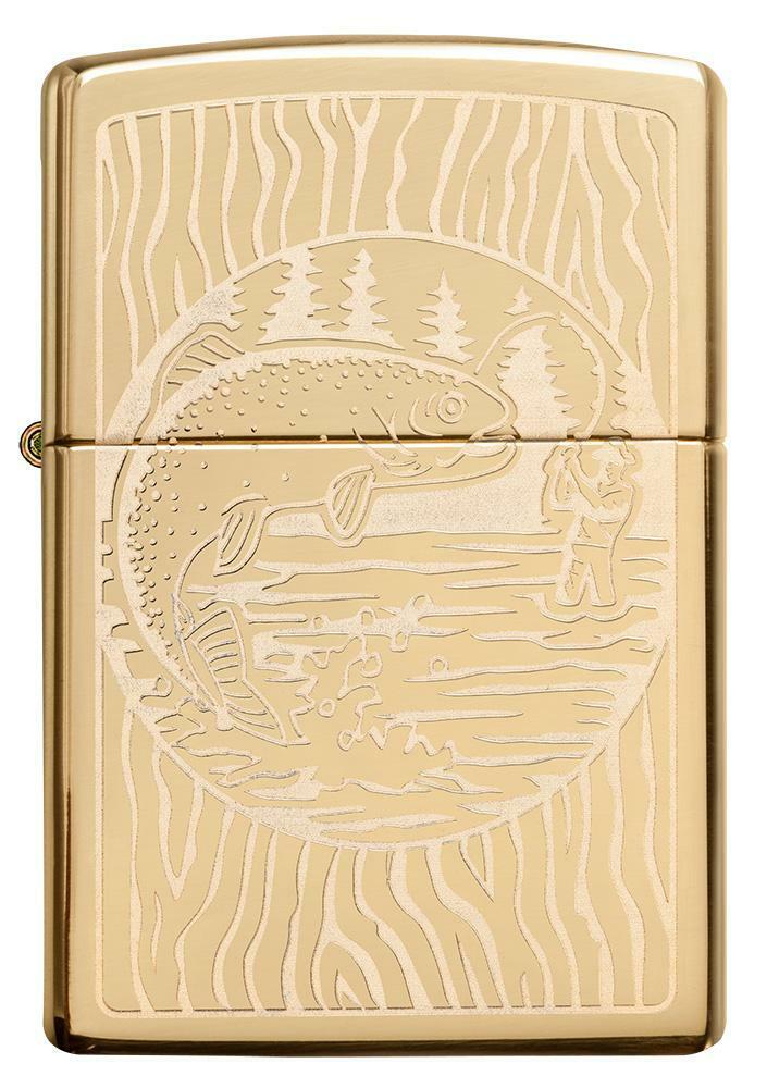 New Zippo Windproof Engraved Fishing Lighter, Fisherman & Trout, 49610, New In Box.