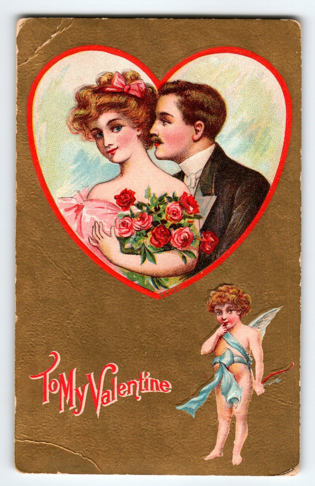 Valentine Postcard Cupid Angel Lovers Man Women Heart Roses Vintage Antique