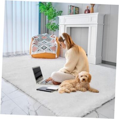 Area Rugs Fluffy Fuzzy Shag Shaggy Carpet for Bedroom Living Room, 4x6 White