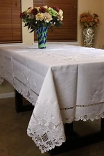 Rectangle 72x90" White Polyester Embroidered Tablecloth Napkins Wedding Bridal