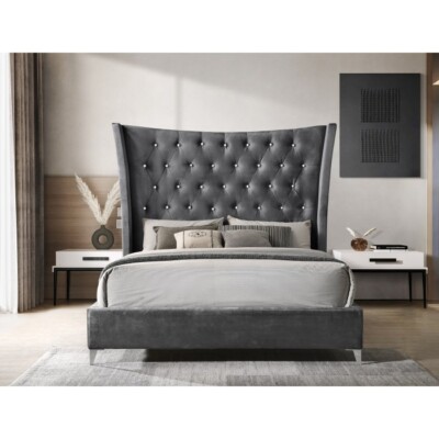 Stylish Fabric E. King Size Platform Bed, Wing Back Tufted Headboard, Dark Gray