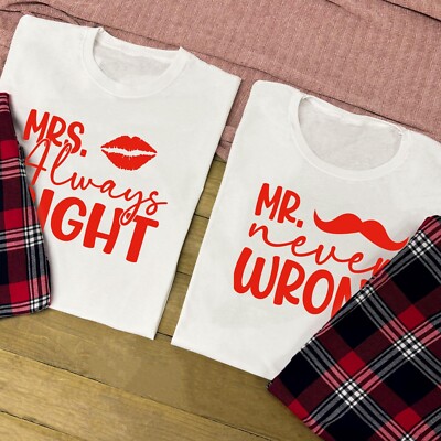 COUPLES MATCHING PYJAMAS: Mr Never Wrong Mrs Always Right Couples Gift, Wedding