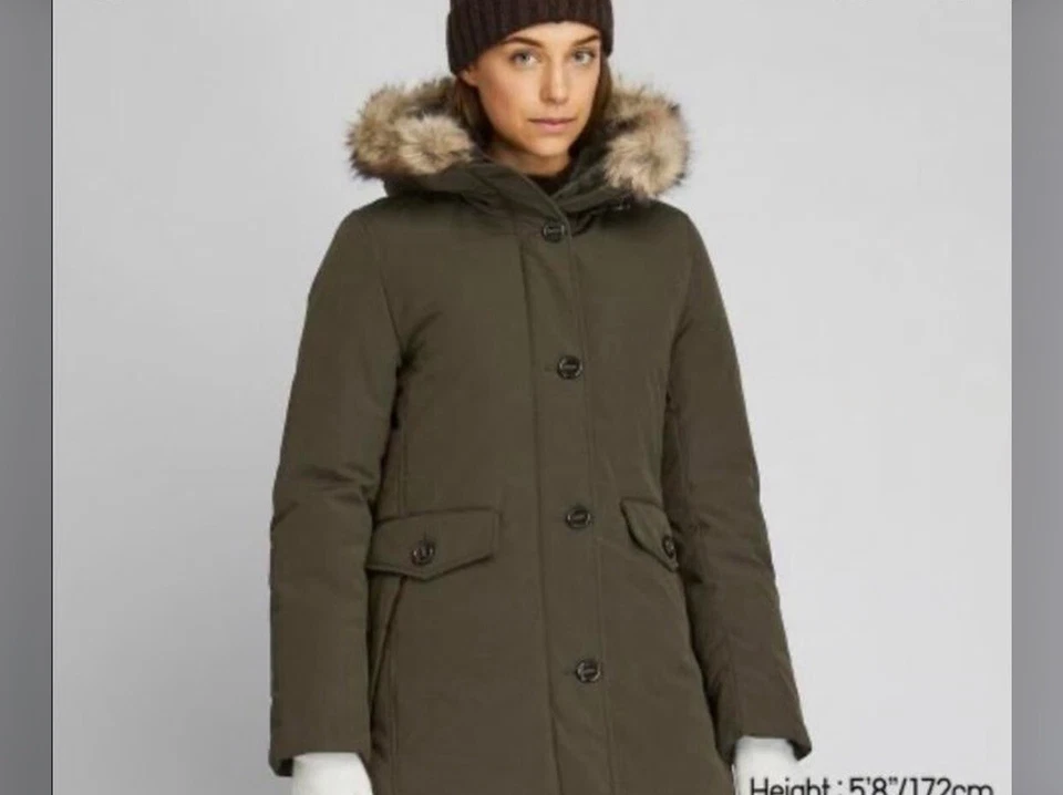 Uniqlo Ultra Warm Down Parka Heat Tech Olive Jacket Fur Hood Coat  - Image 2 of 4