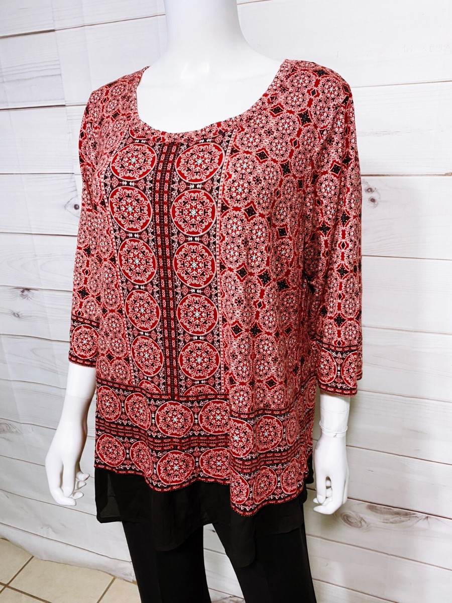 Rose + Olive Womens Top Size 2X Red Geometric Floral Stretch 3/4