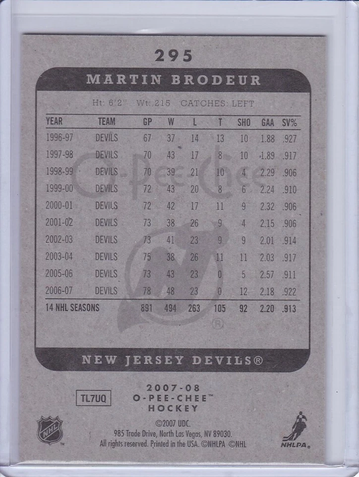 Martin Brodeur 2007 O-Pee-Chee Hockey Card 295 Grade MT - Image 2 of 2