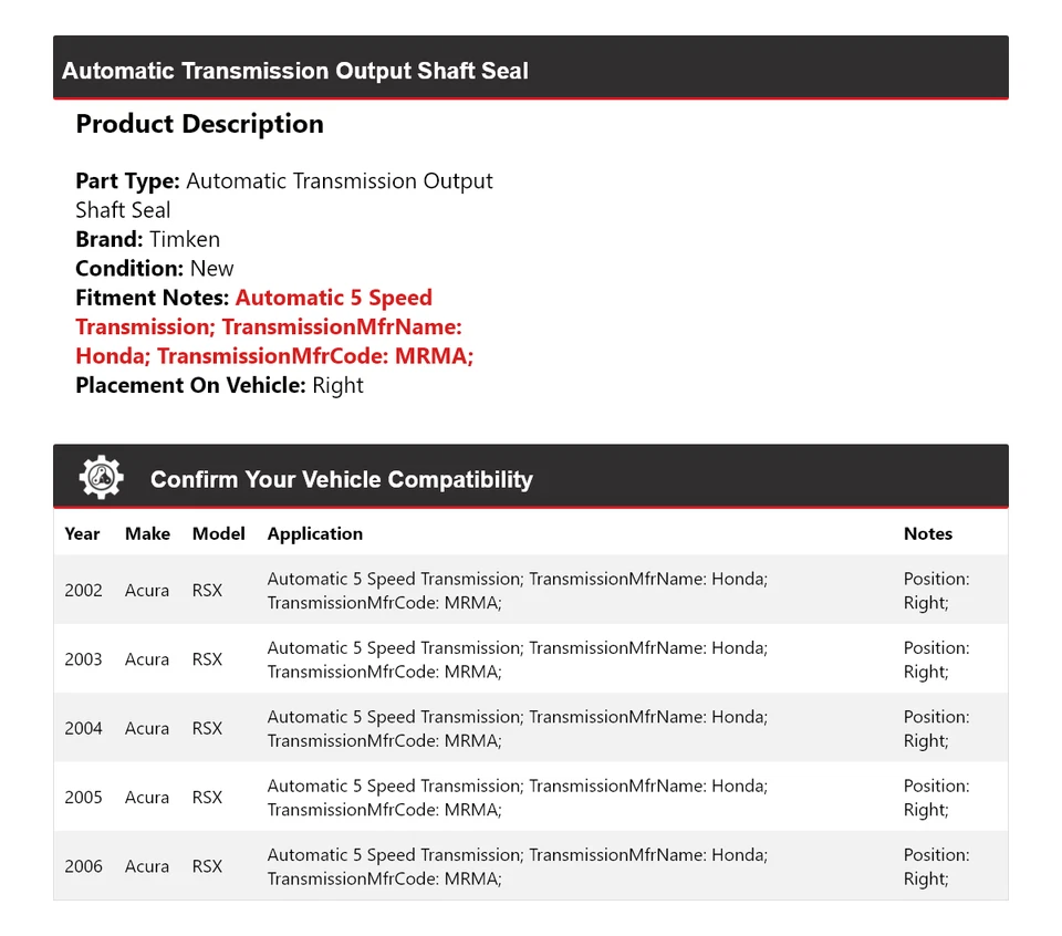 Sello de eje de salida de transmisión automática Timken derecho para Acura RSX 2002-2006 Foto 2 de 4