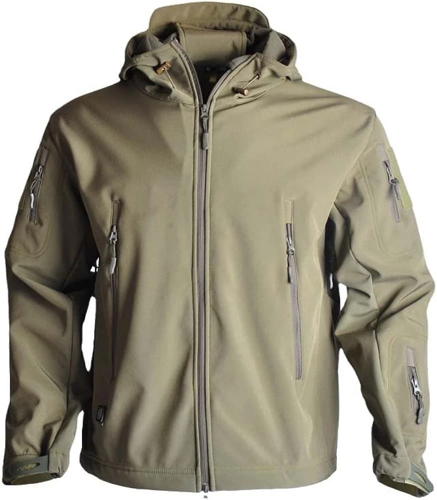 Men Tactical Softshell Jacket Khaki Hooded Fleece Lined Water Resistant S NWT